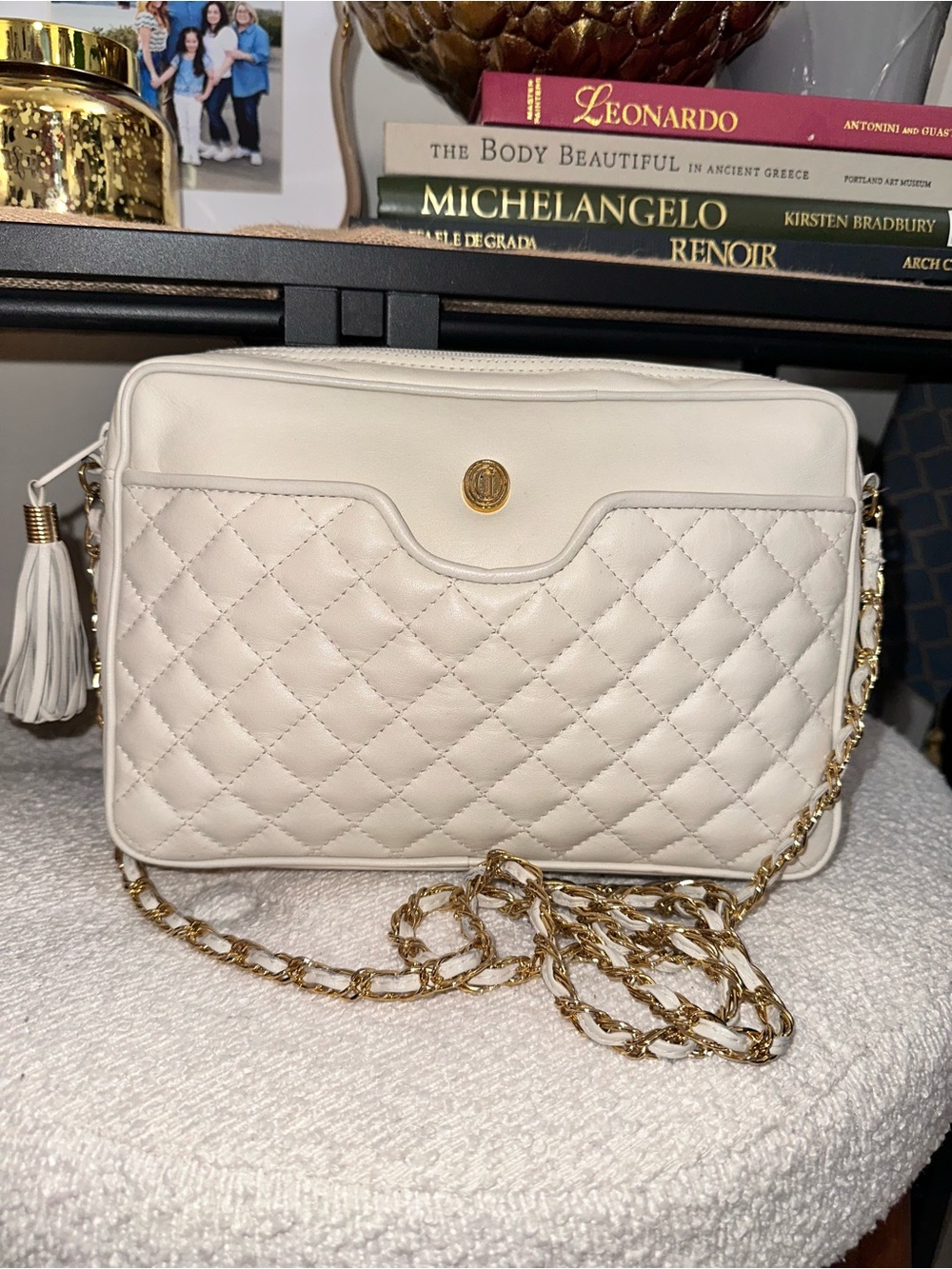 Vintage Ganson Quilted Crossbody Bag with Gold Chain and Tassel